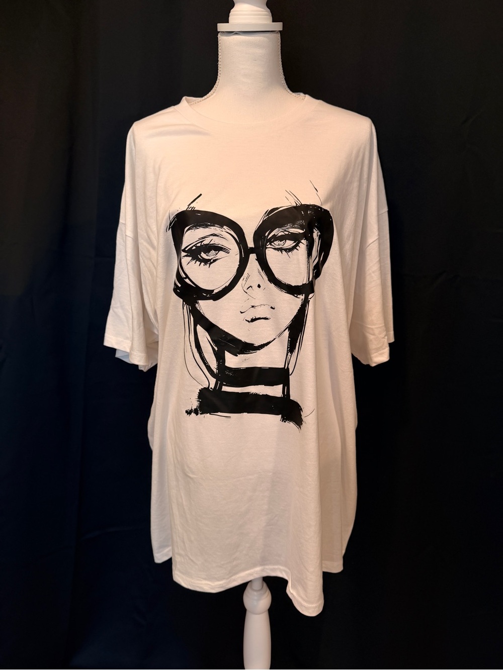 White Graphic Tee with Black Illustration - Women